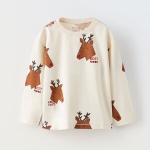 Zara Kids Cream Reindeer Long Sleeve Tee